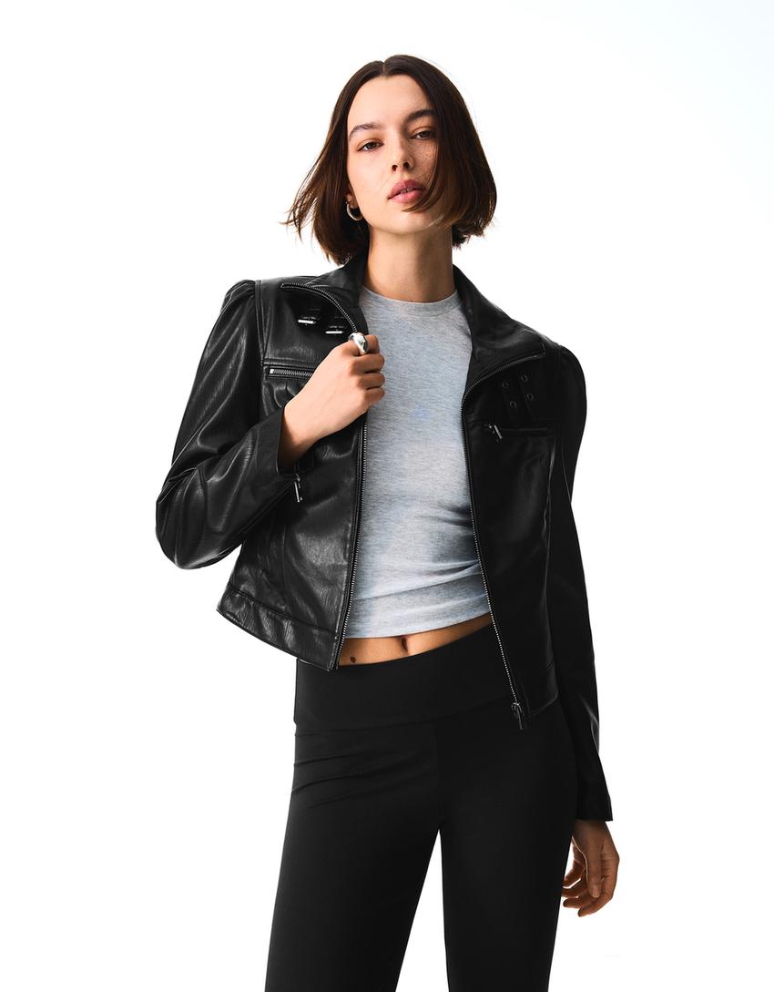 Kunstlederjacke mit Schnallen-Schwarz