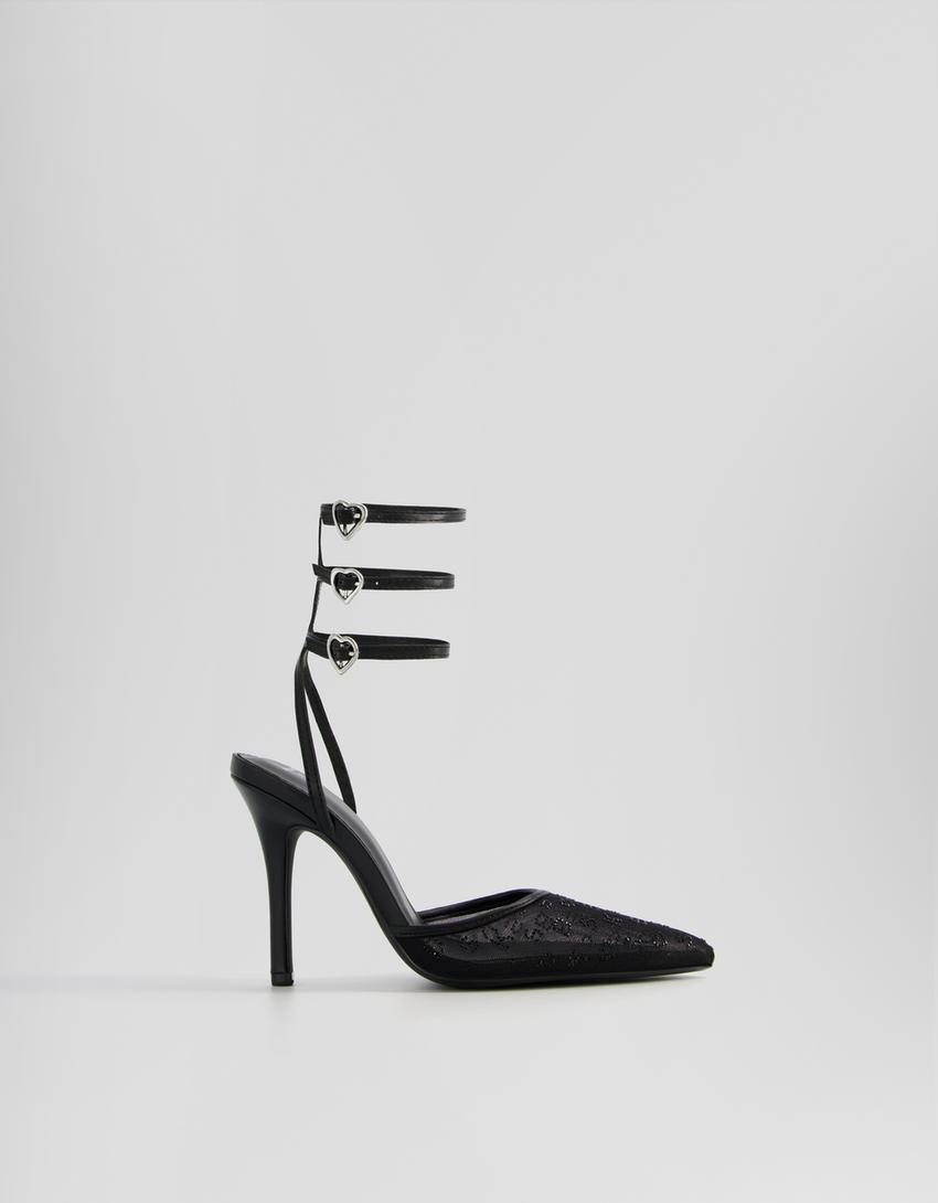 Escarpins brillants, brides avec boucles en forme de cœur-Noir-5