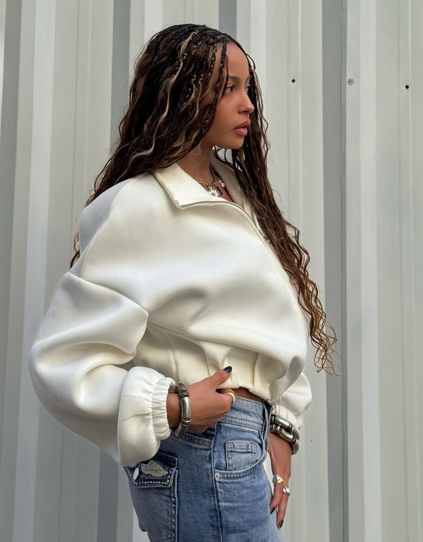 Balon kesim sentetik kauçuk kumaş fermuarlı sweatshirt-Krem