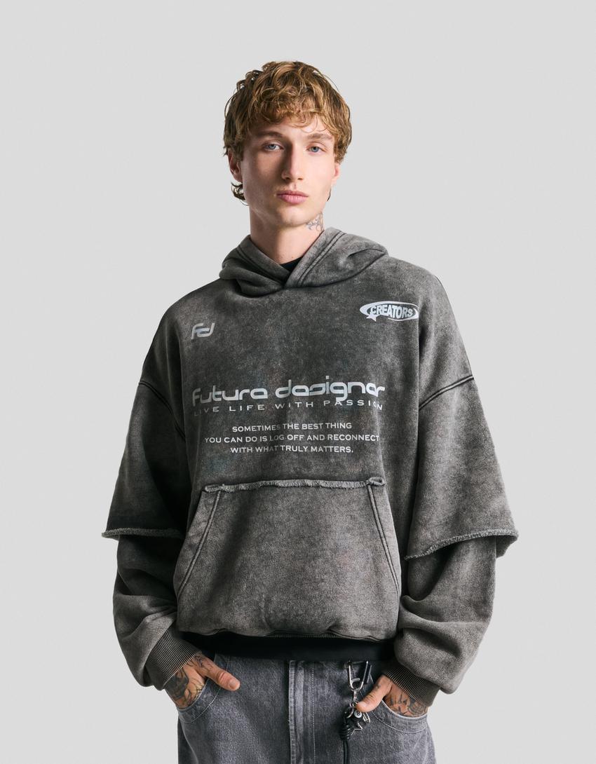 Double-sleeve print hoodie-Grey-0