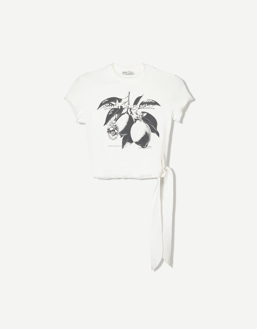 Printed short sleeve T-shirt with knot-Cream-3