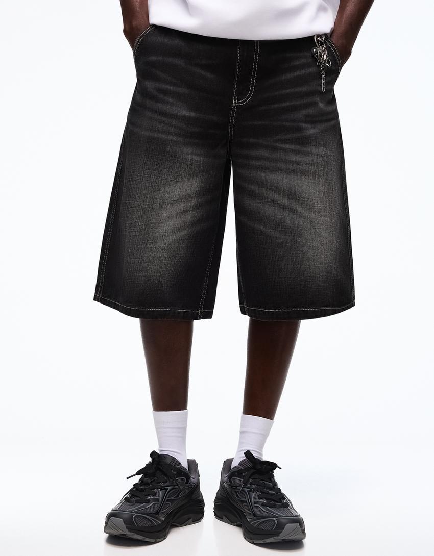 Calções bermuda denim Skater-Preto