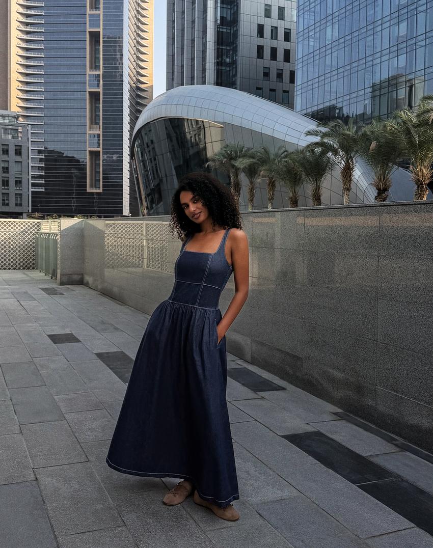 Maxi denim strappy dress-Navy