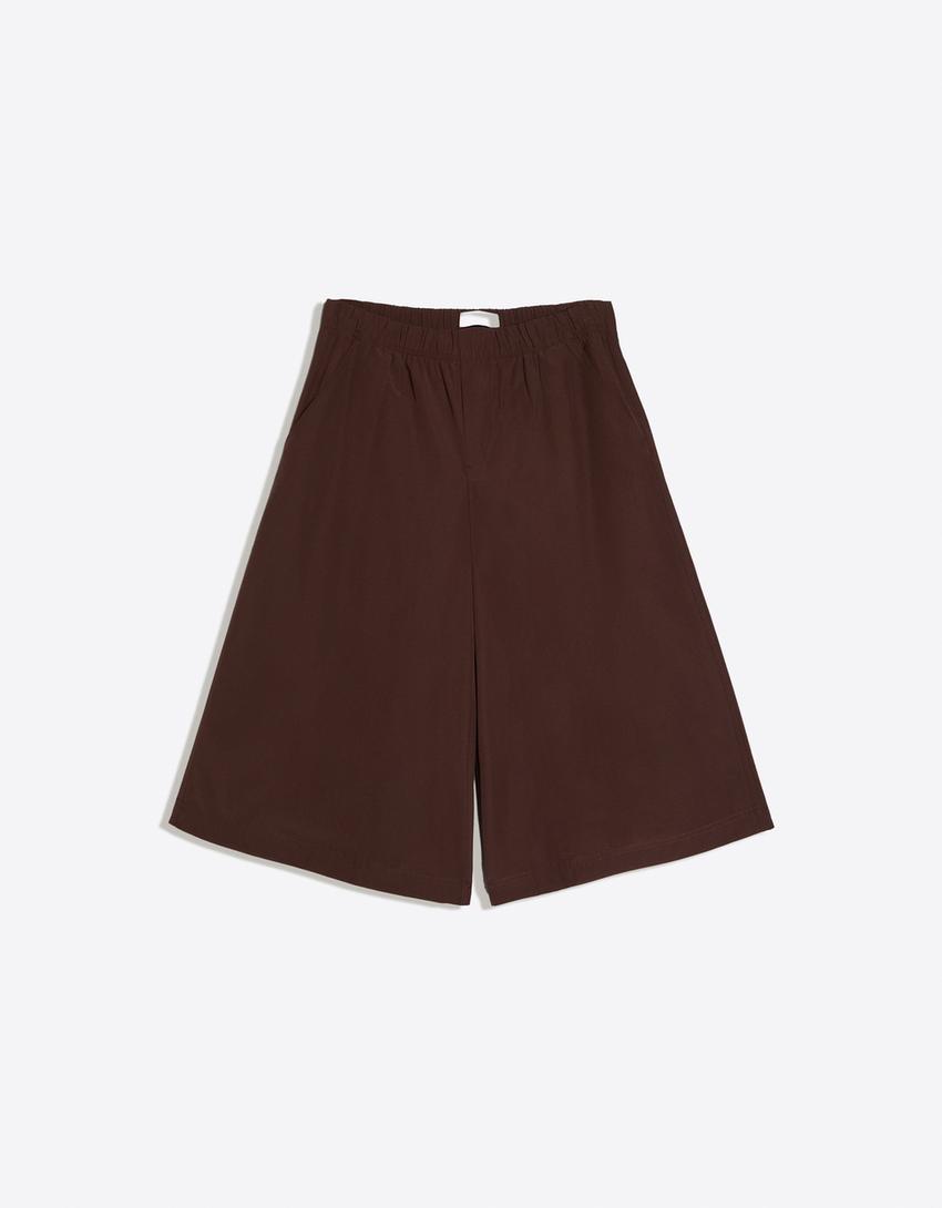 Lastikli belli culotte bermuda-Kahverengi