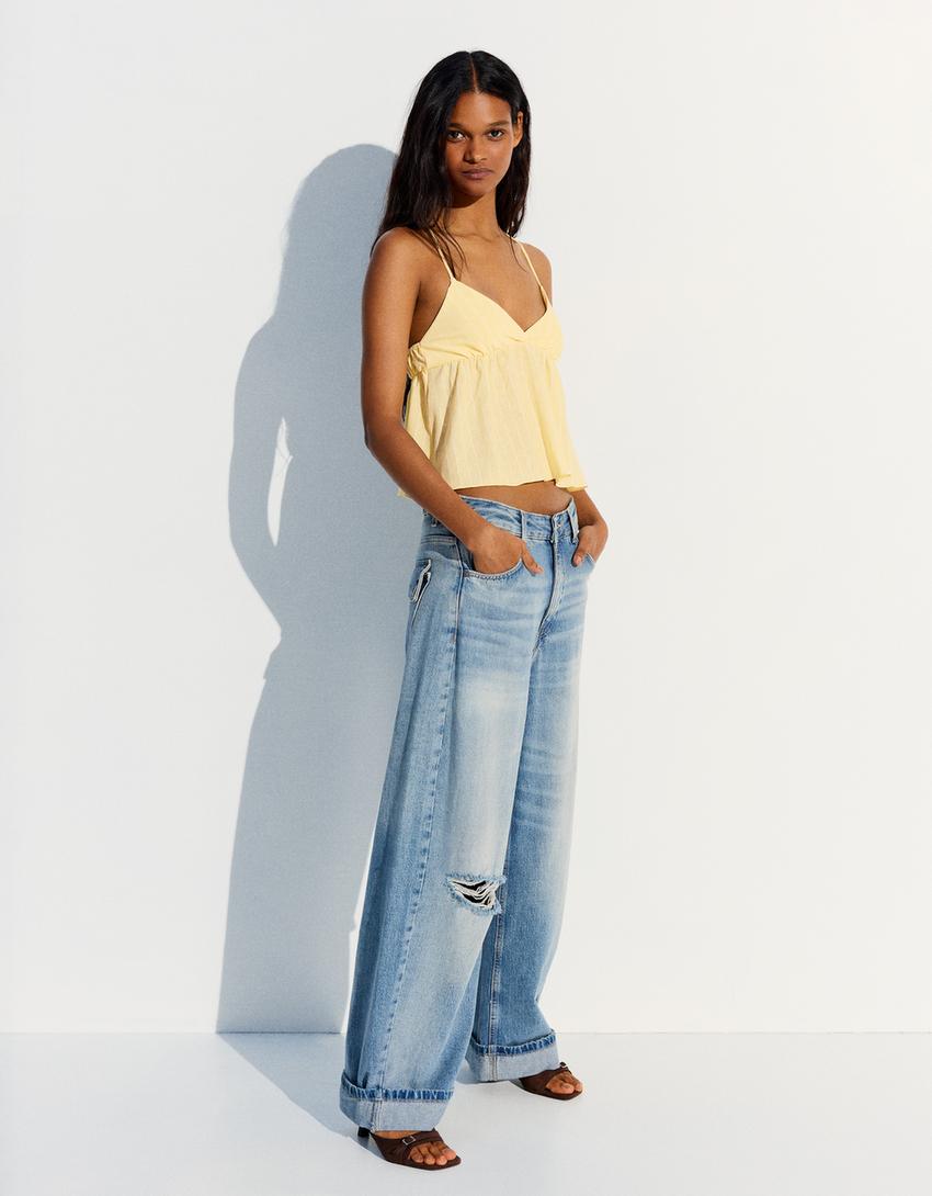 Striped peplum strappy top-Yellow