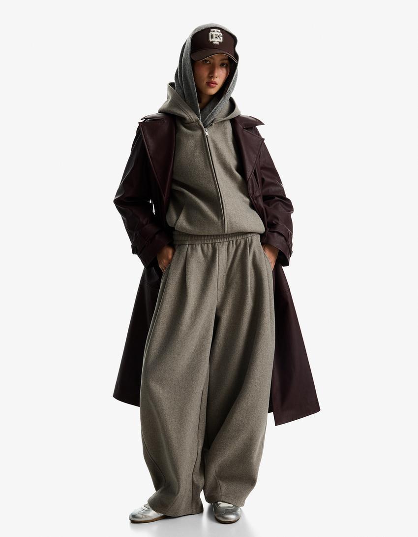 Pantalon barrel fit effet laine-Taupe