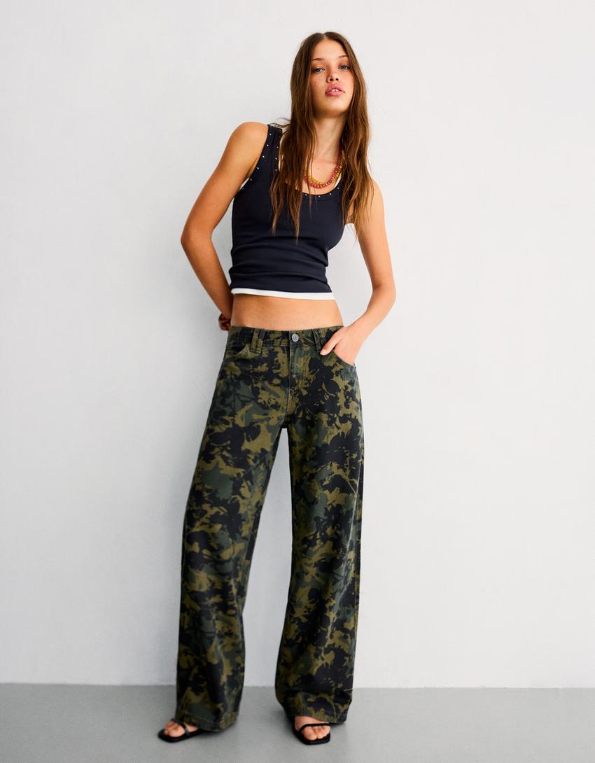 Pantaloni straight fit stampati-Kaki-0