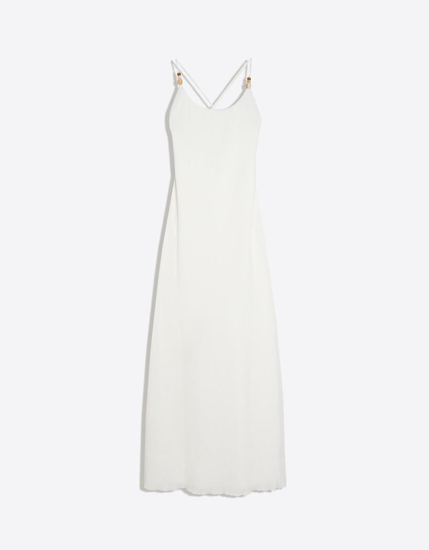 Vestido midi rústico tirantes-Crudo