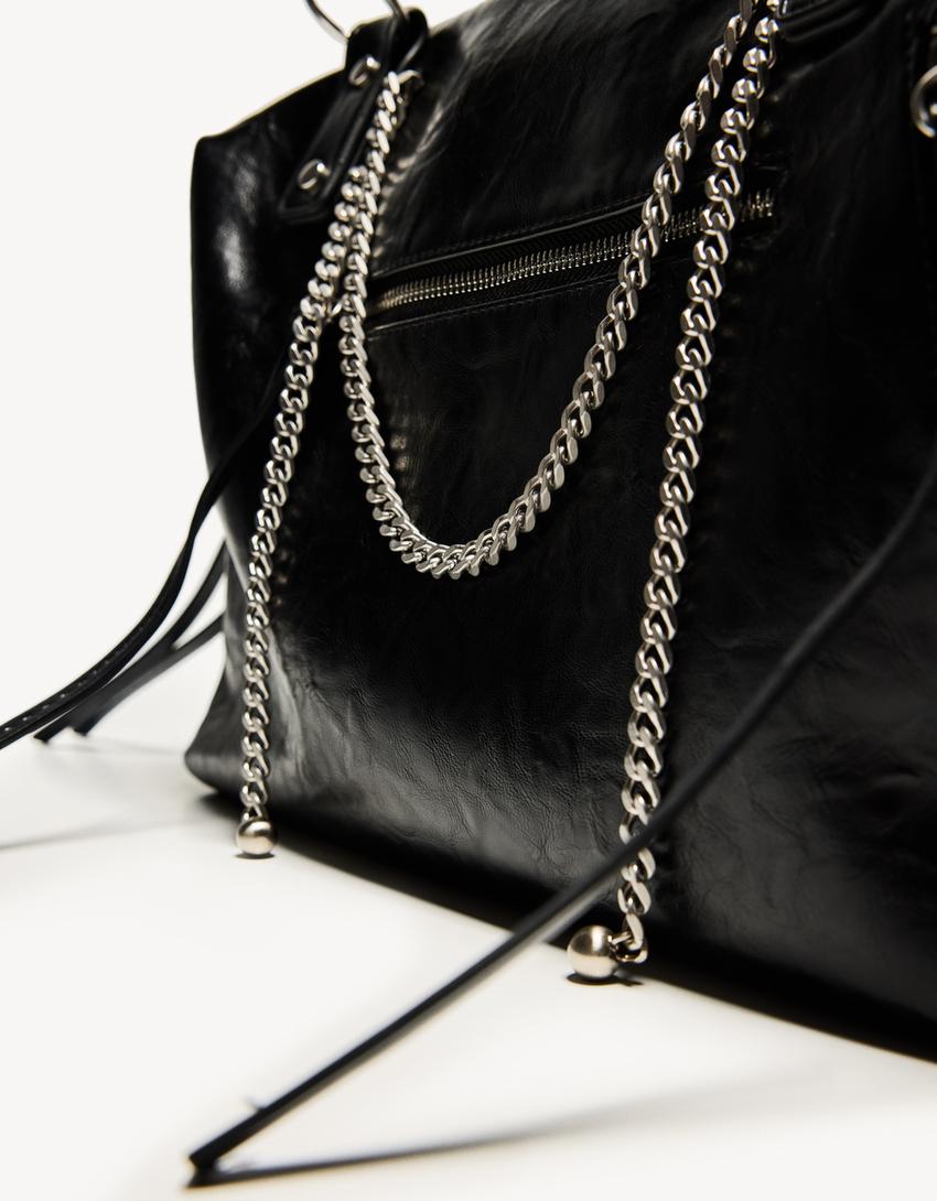 Tas met leereffect en ketting-Zwart