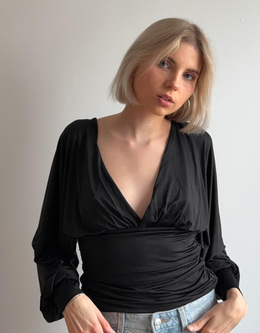 Gathered long sleeve top-Black