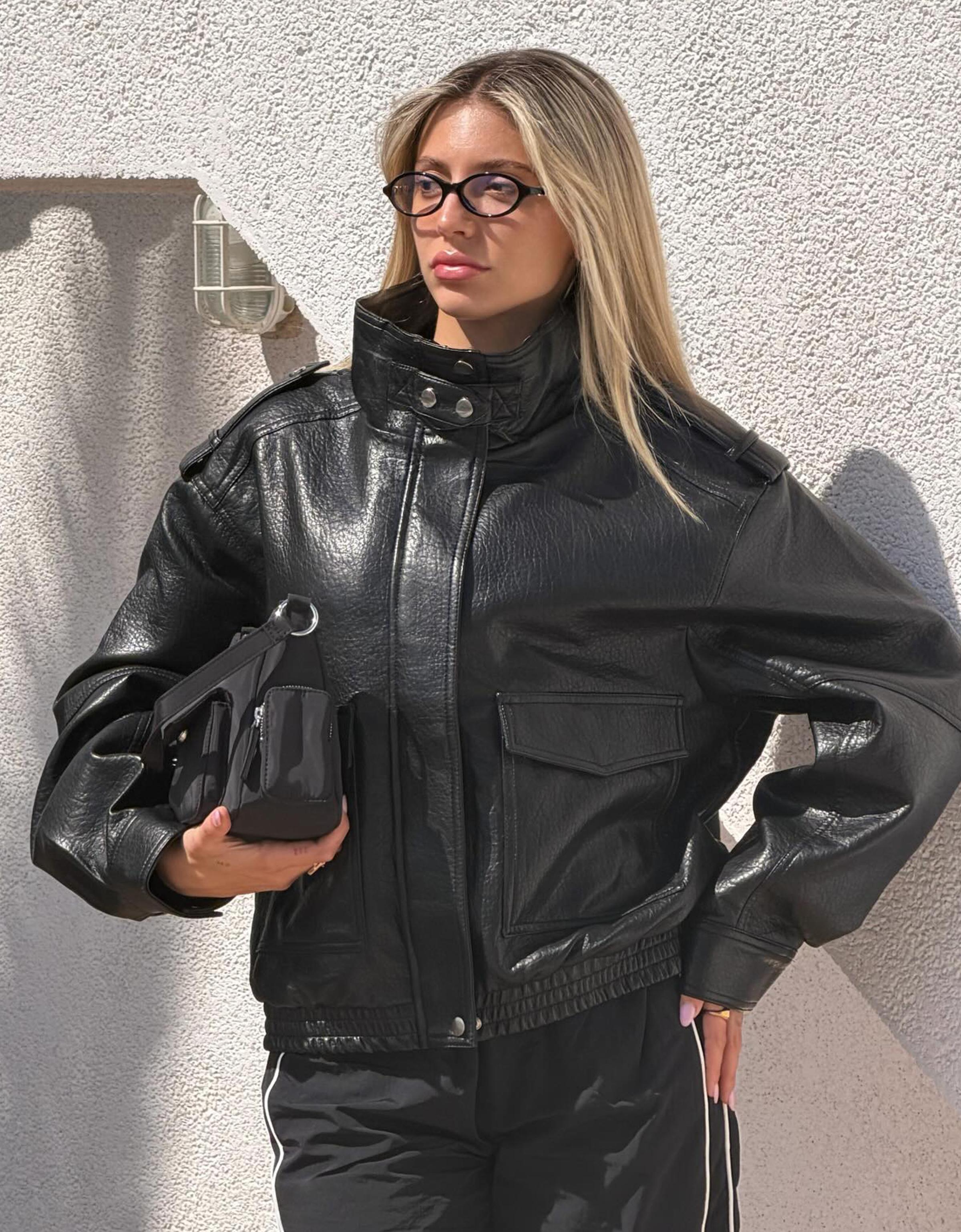 Leather effect funnel neck jacket — Black
