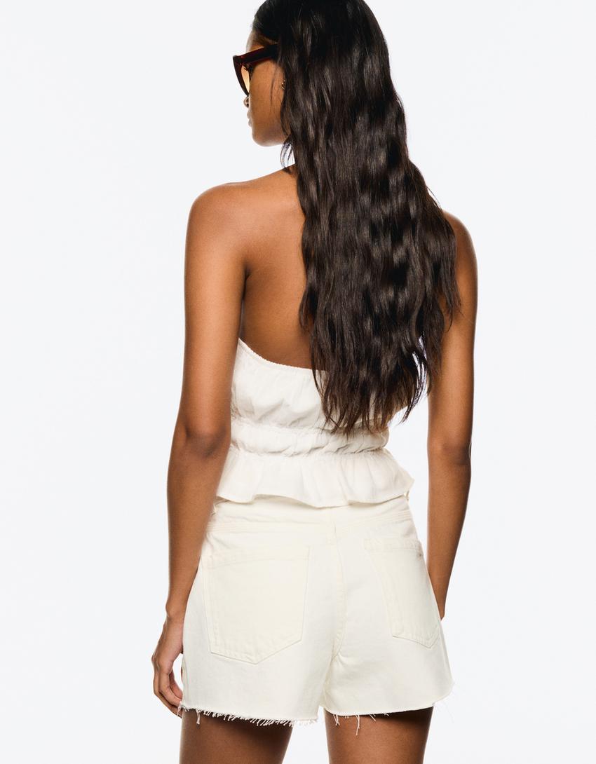Shorts in denim strappati-Bianco-1