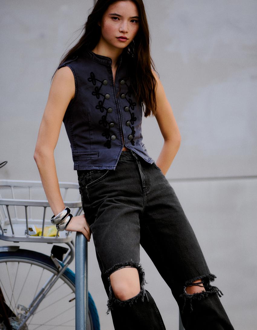 Jean wide leg taille haute déchiré-Noir