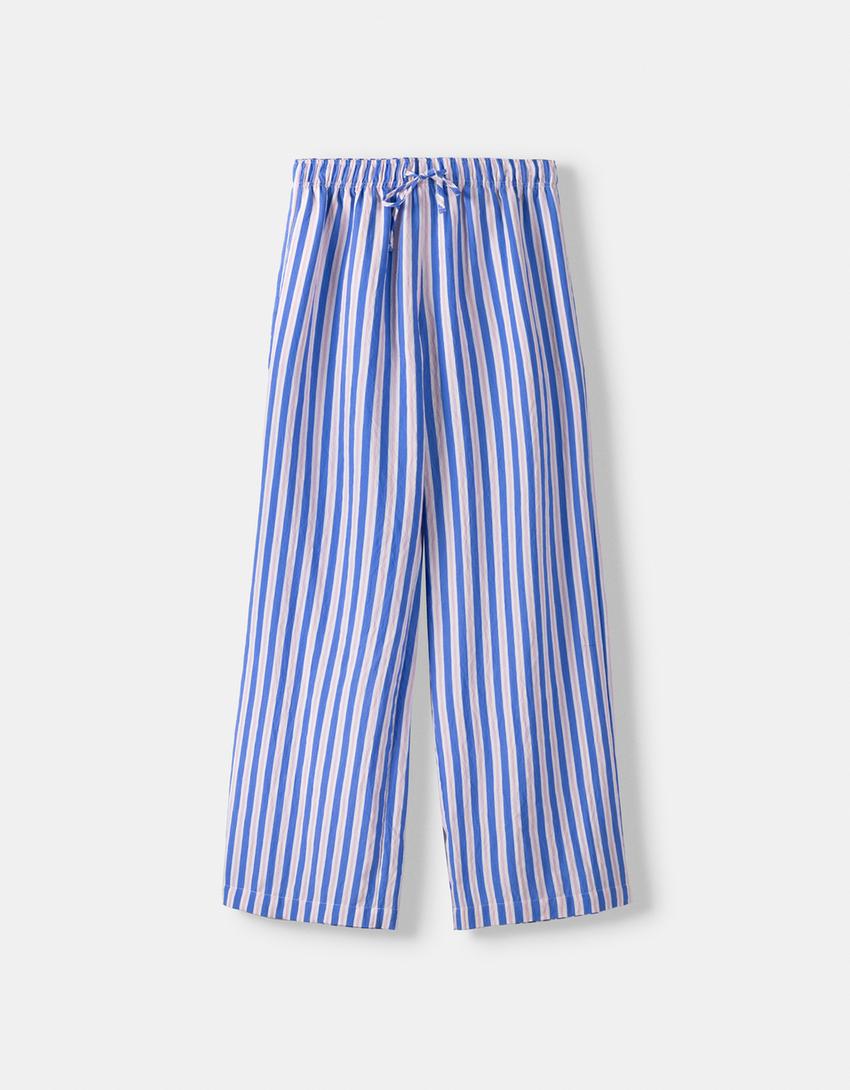 Flowing striped trousers with elastic waistband-Blue-5