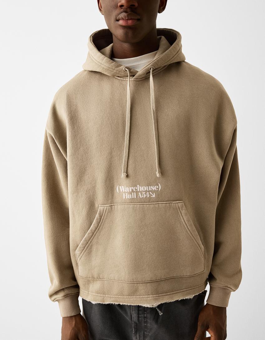 Cropped hoodie with a faded-effect print-Camel