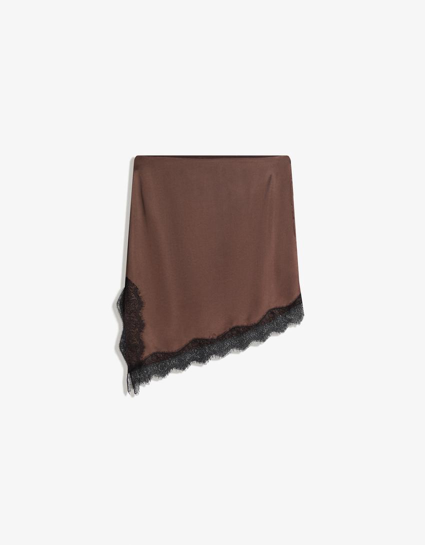 Minigonna in satin con pizzo-Marrone