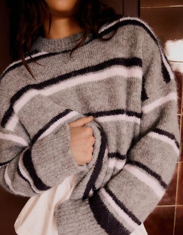 Oversize round neck stripe jumper — Brown 3