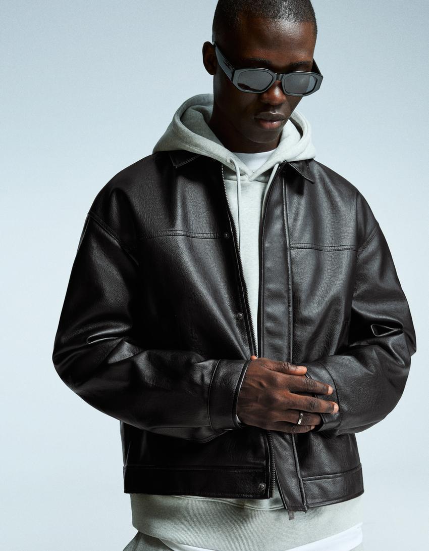 Leather effect boxy fit jacket-Black-0