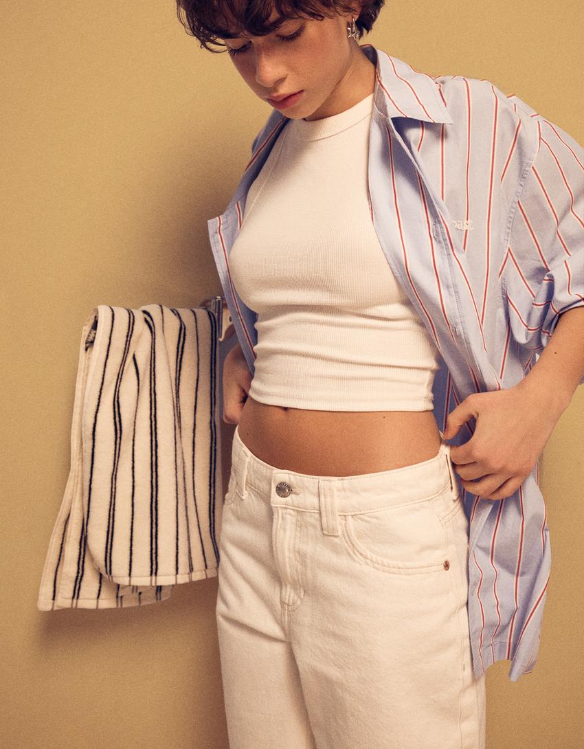 Pantaloni scurți din denim baggy-Alb murdar