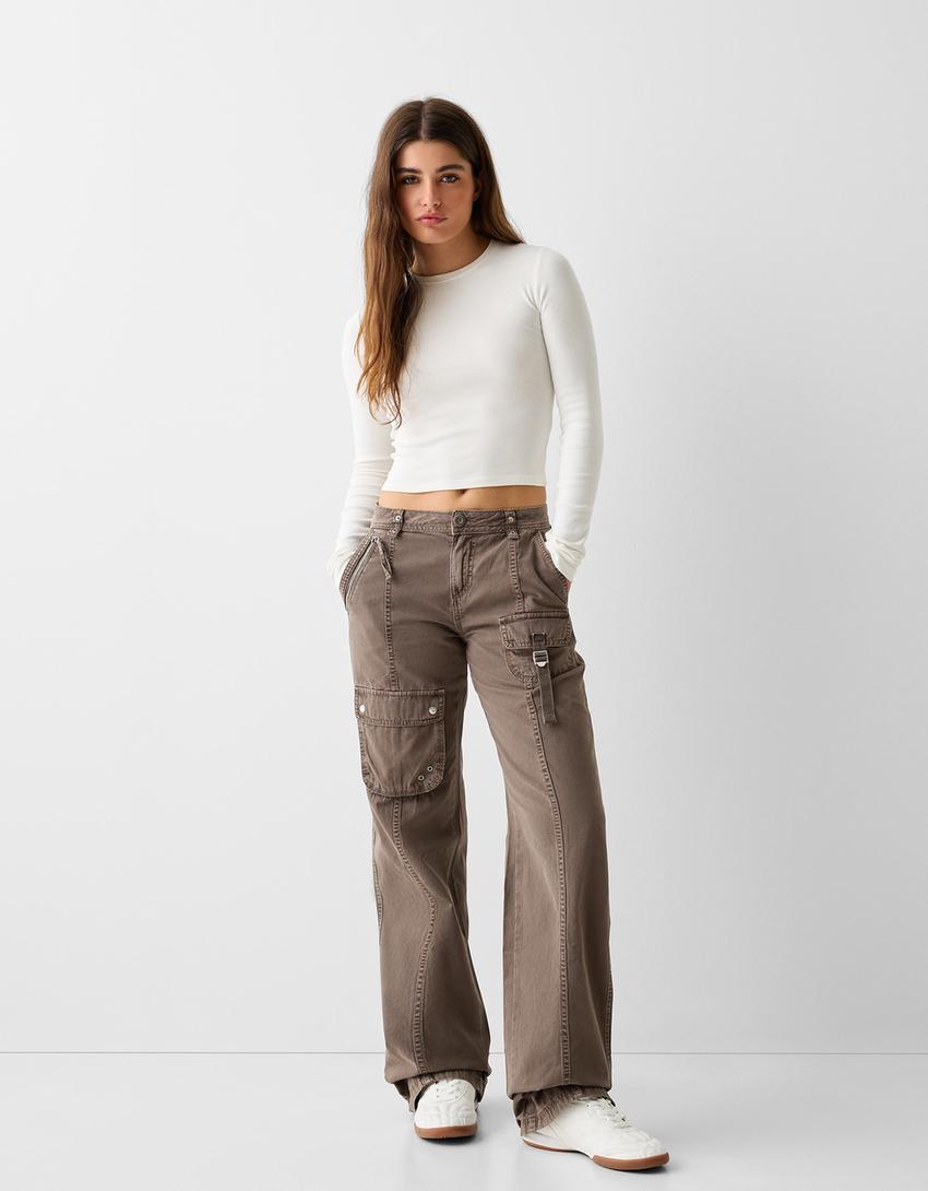Pantalon cargo taille basse coton lanière-Sable-0