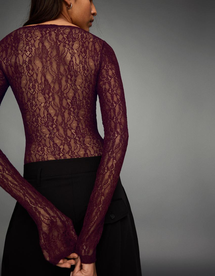 Uzun kollu dantel body-Bordo