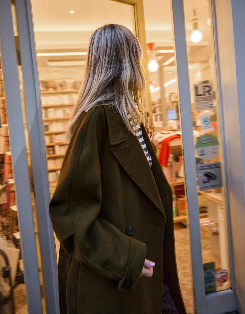 Oversize-Mantel mit Wollanteil und Gürtel-Khaki