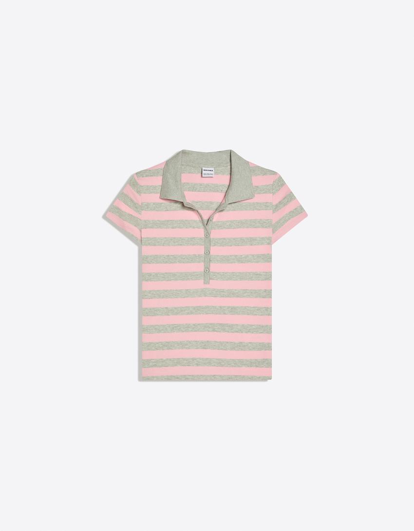 Kaus polo lengan pendek bergaris-Merah muda