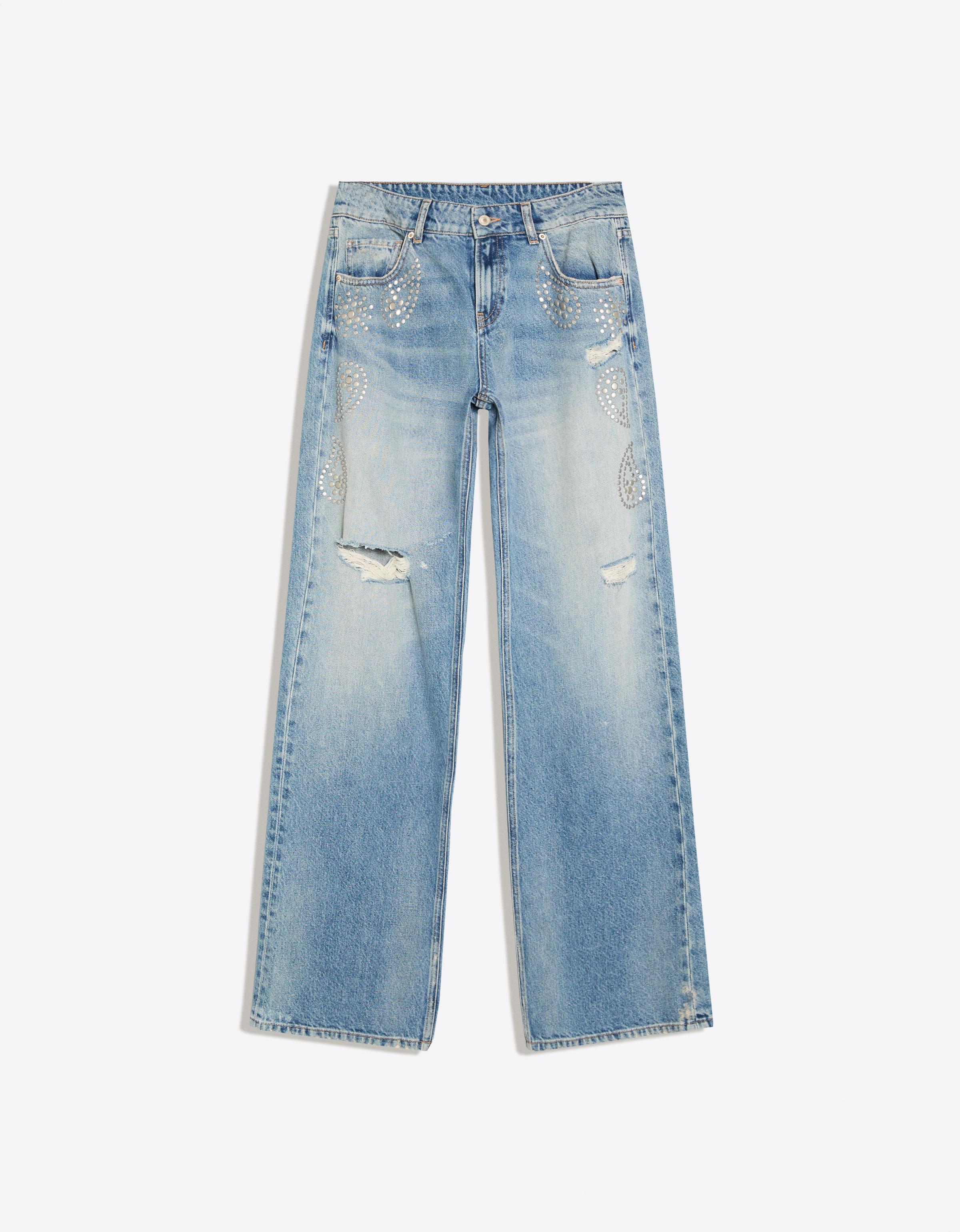 Mid-waist straight-leg studded jeans — Light blue