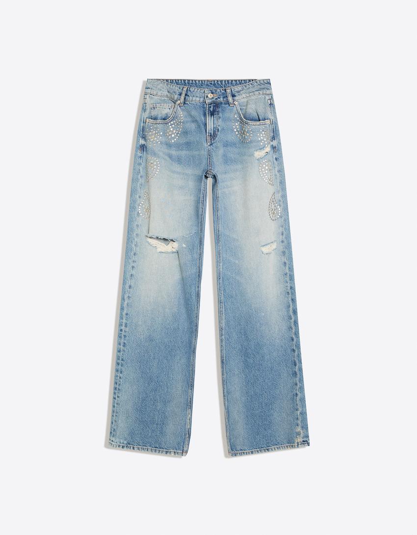 Straight-Leg-Jeans mit halbhohem Bund und Nieten-Ausgewaschenes Blau