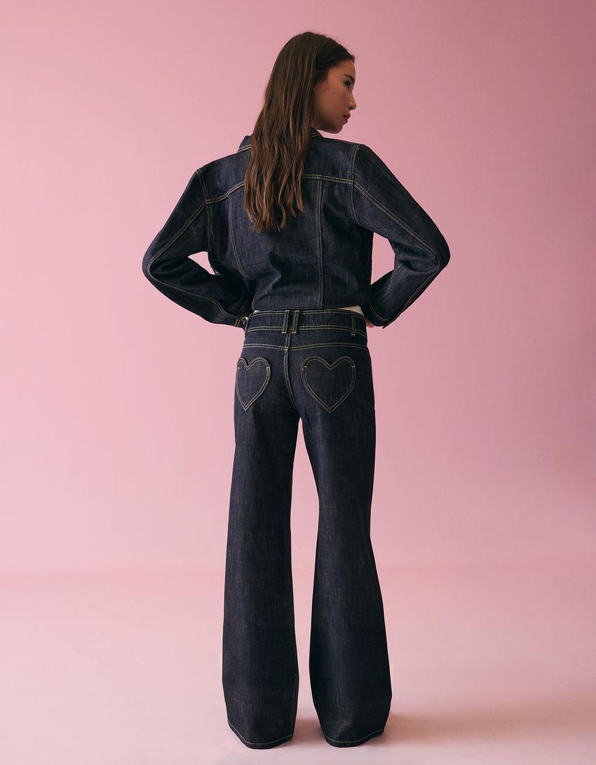 Jeans baggy tiro bajo bordado-Marino