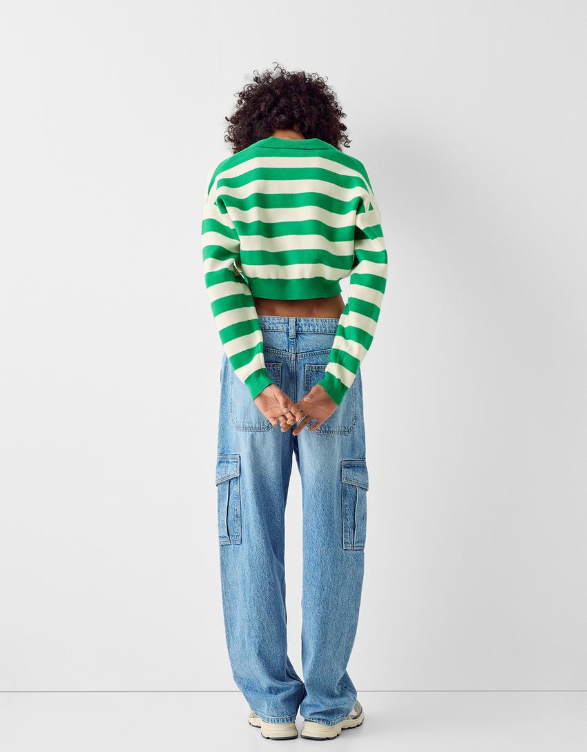 Polo collar sweater with stripes-Green-1