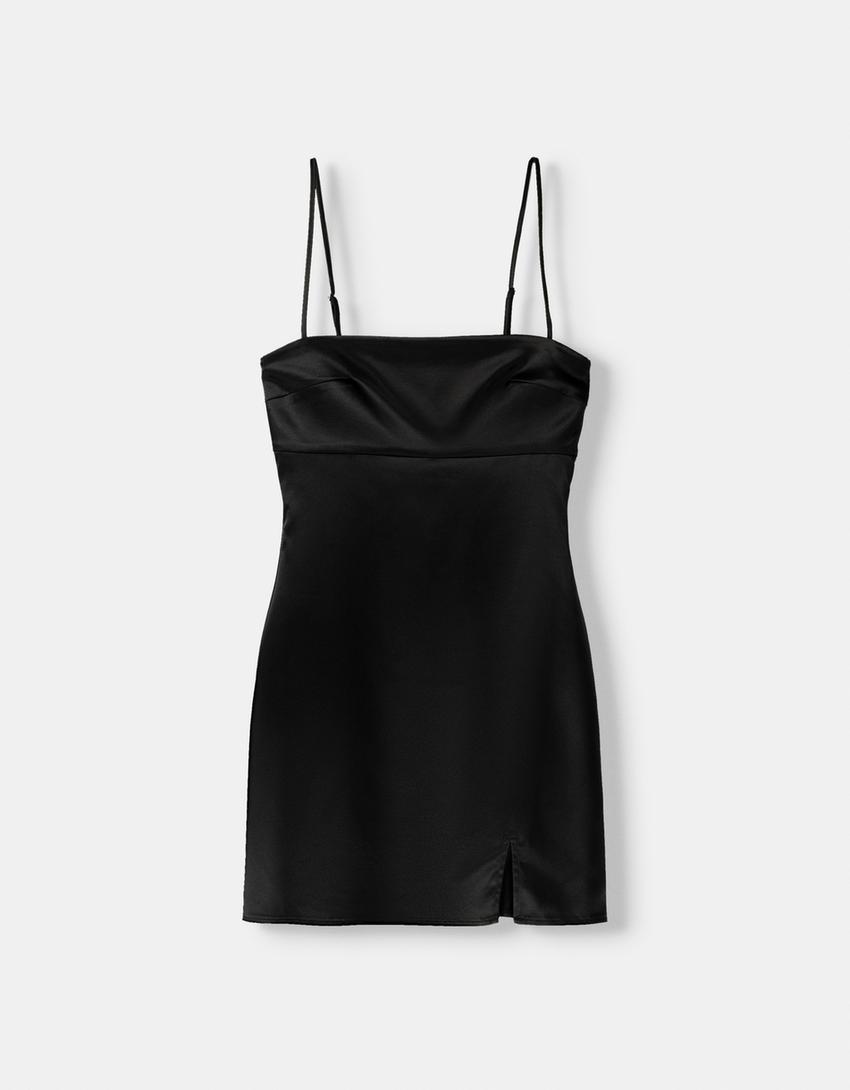 Saten askılı mini elbise-Siyah-5