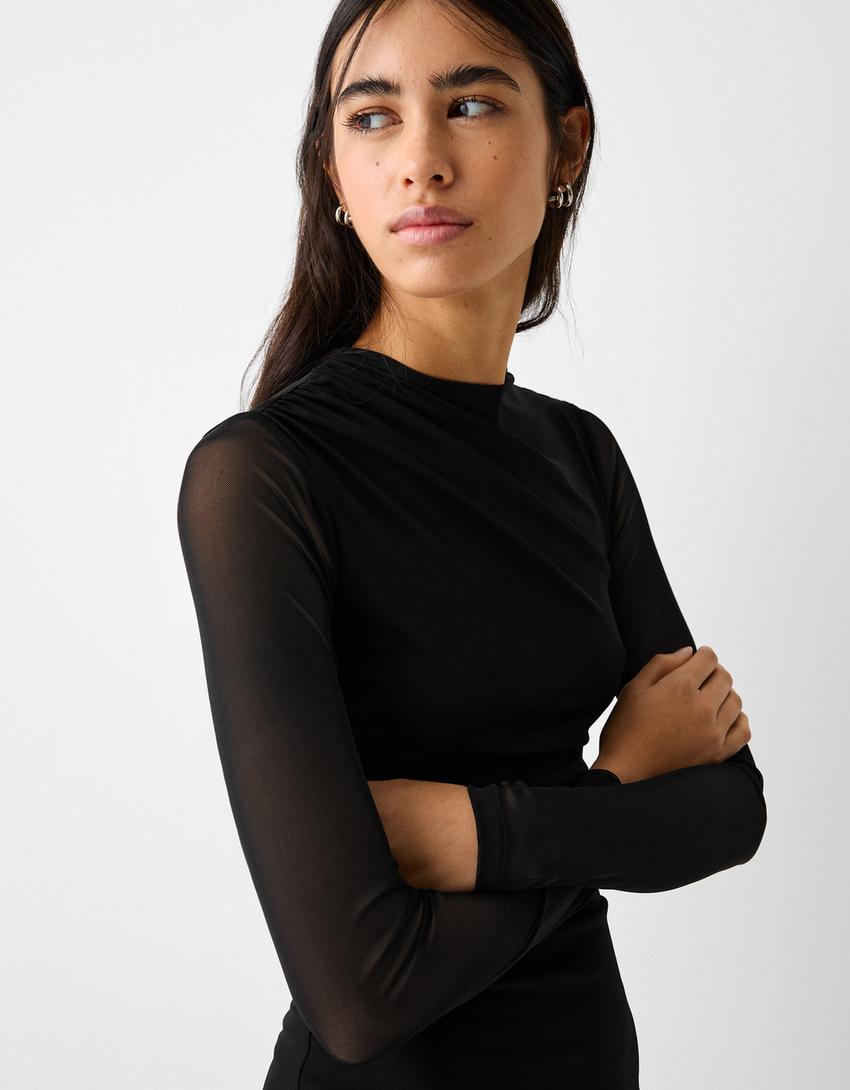 Vestido mini manga comprida tule franzido-Preto-3