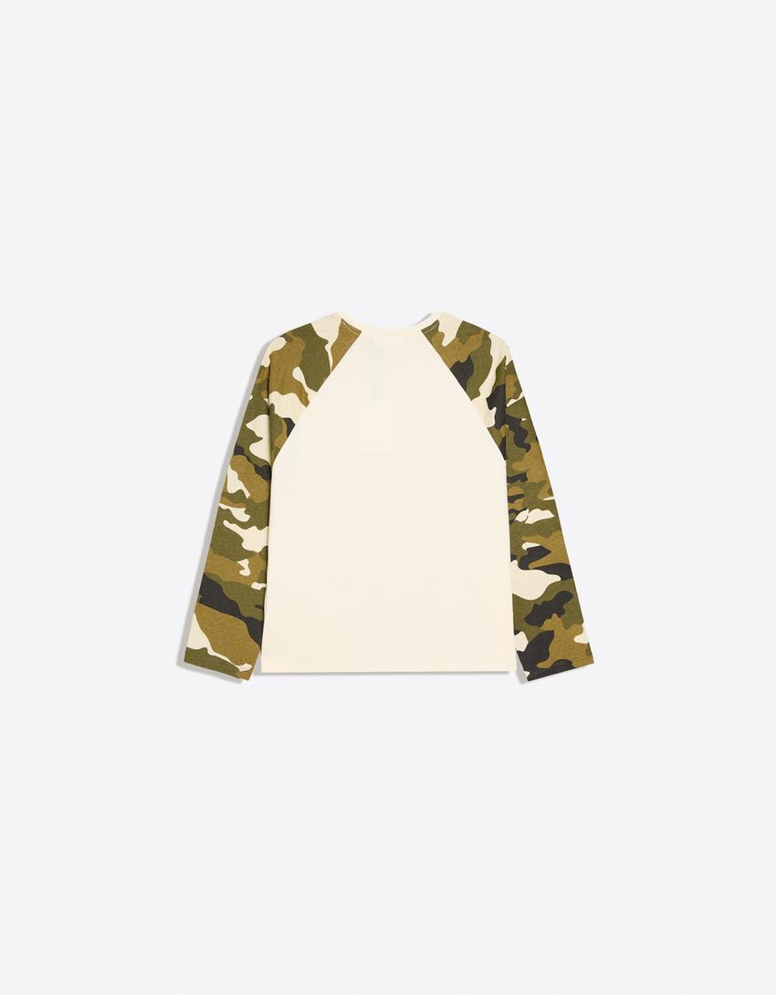 Long sleeve raglan print T-shirt-Cream