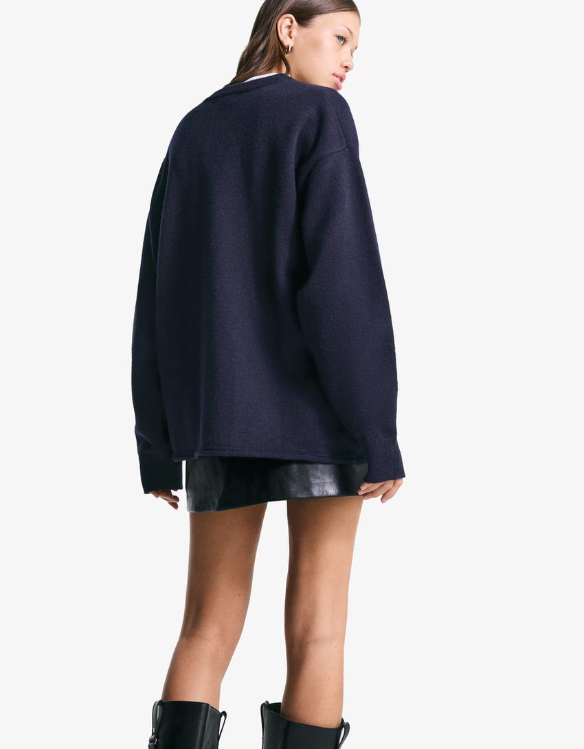 Round neck sweater-Blue-1