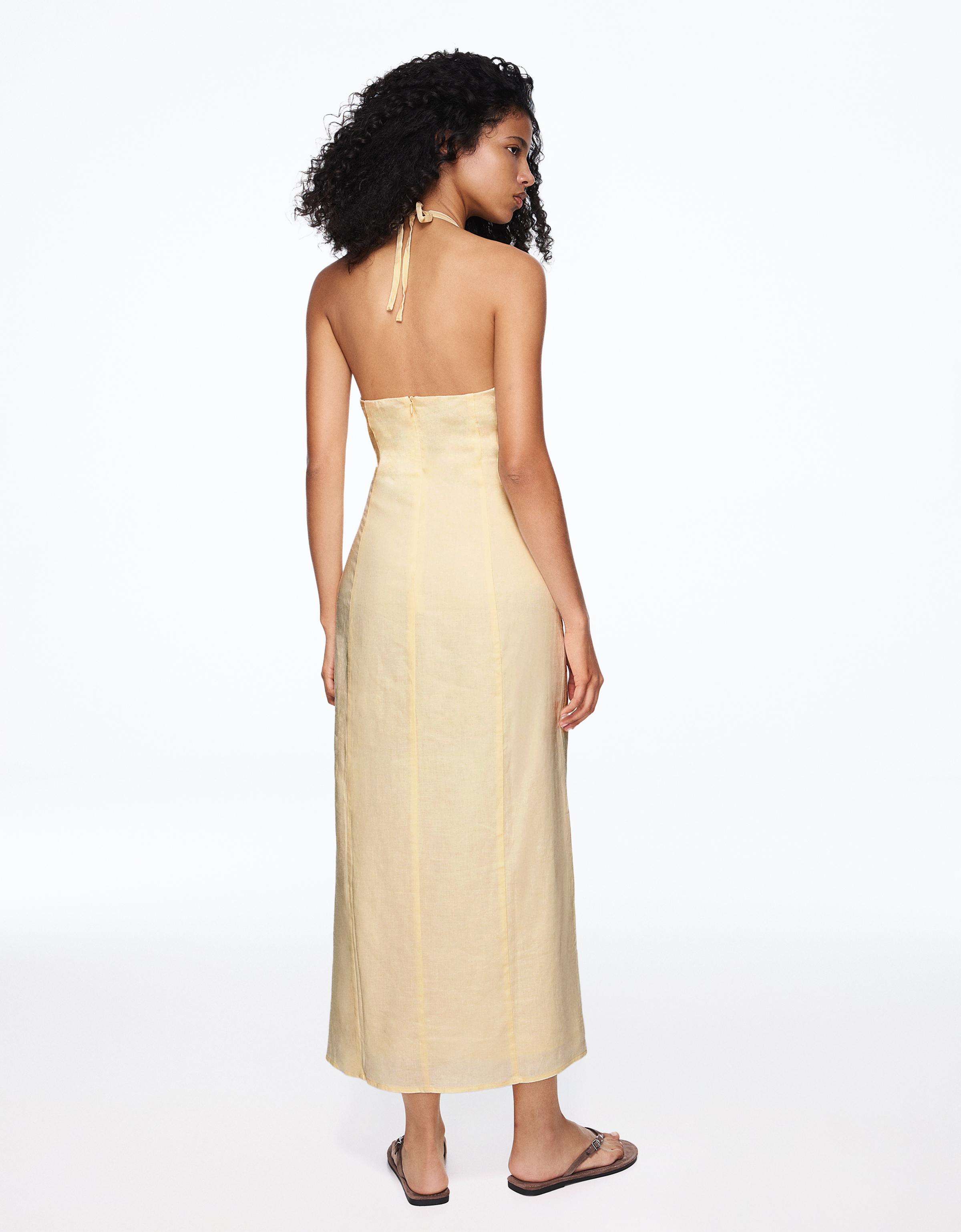 Halter midi dress with linen — Yellow