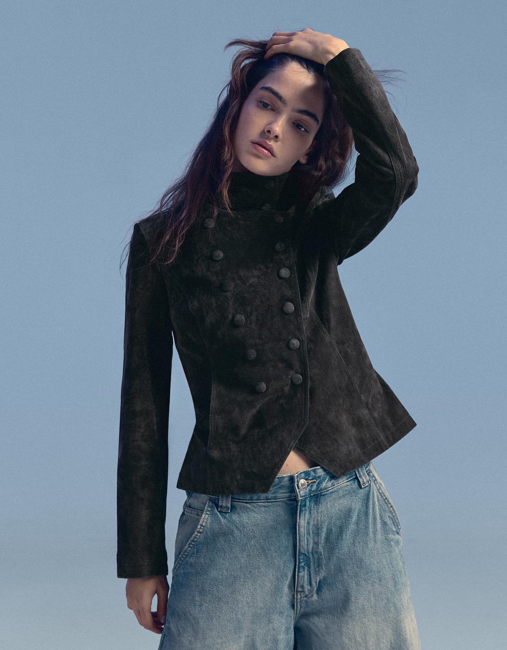 Bershka Cross-over leather jacket with buttons