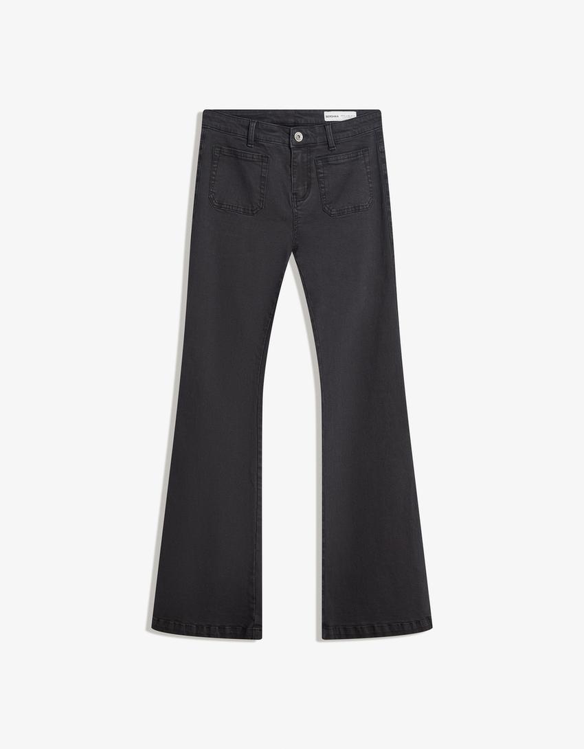 Pantalon flare poches à rabats-Noir-3