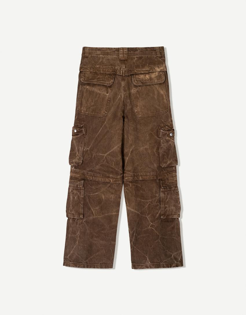 Acid wash multi-cargo baggy pants-Brown