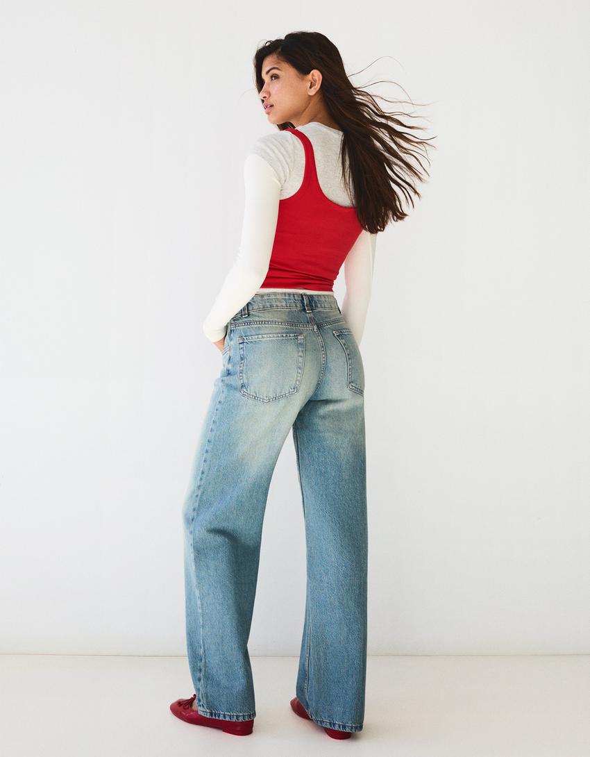 High-waist wide-leg straight jeans-Light blue