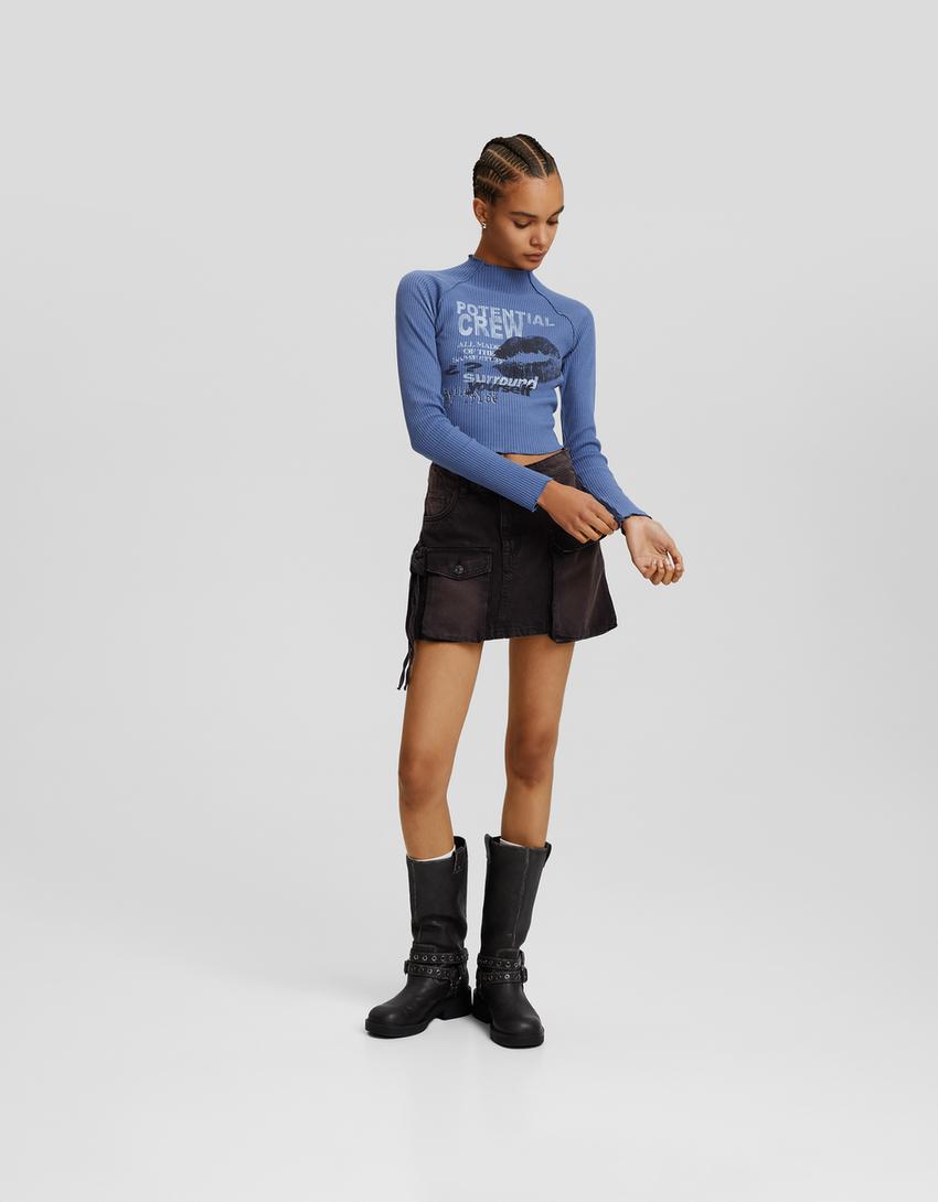 سويتر بطبعة وأكمام طويلة-أزرق-3