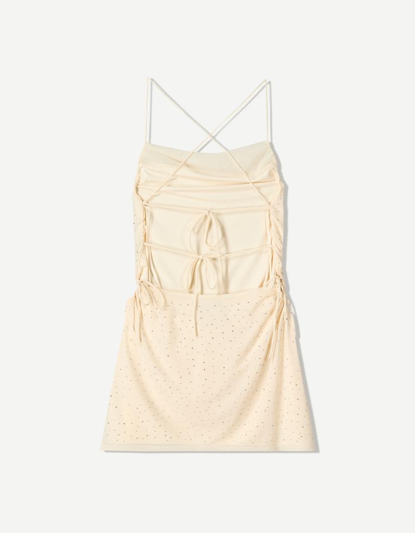 Mini robe bretelles strass-Écru
