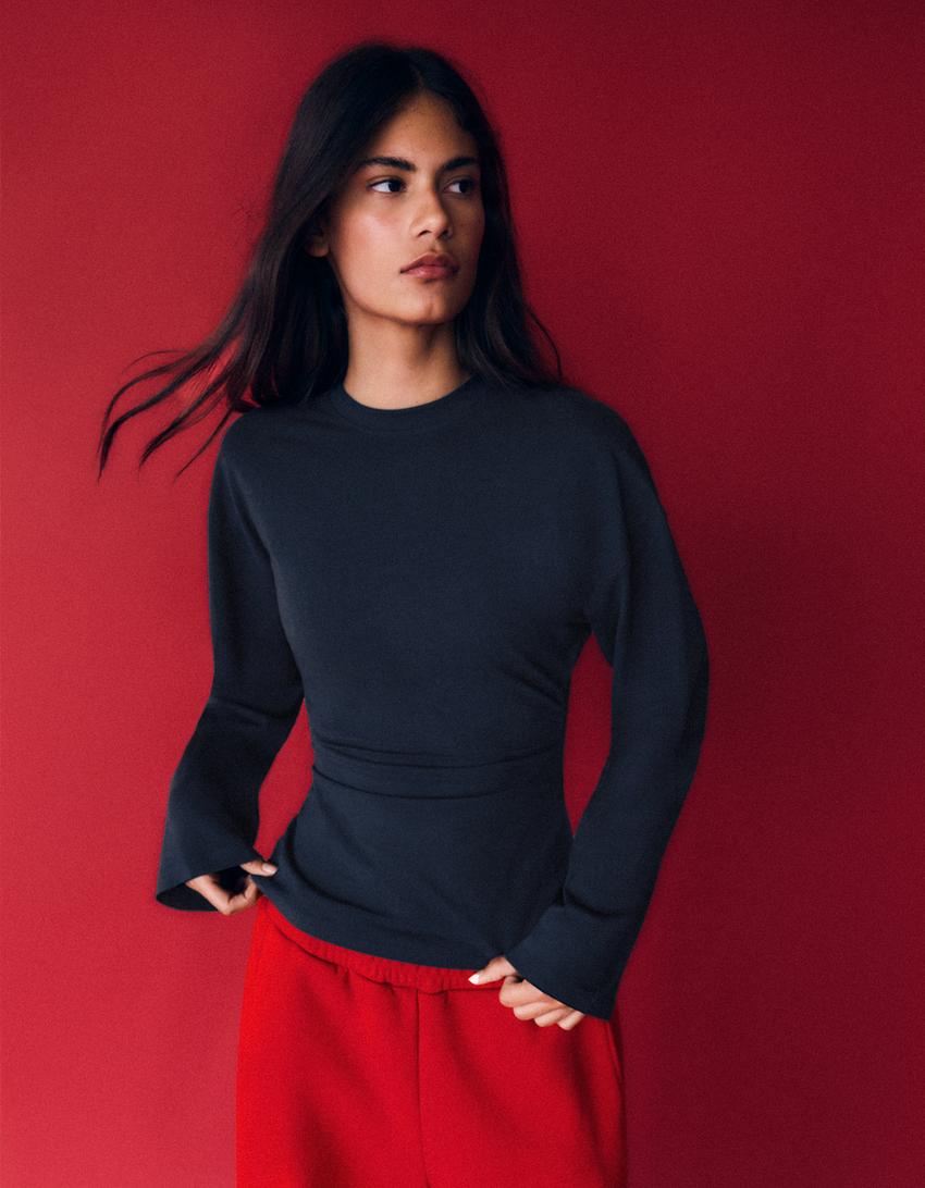 Long sleeve gathered T-shirt-Navy