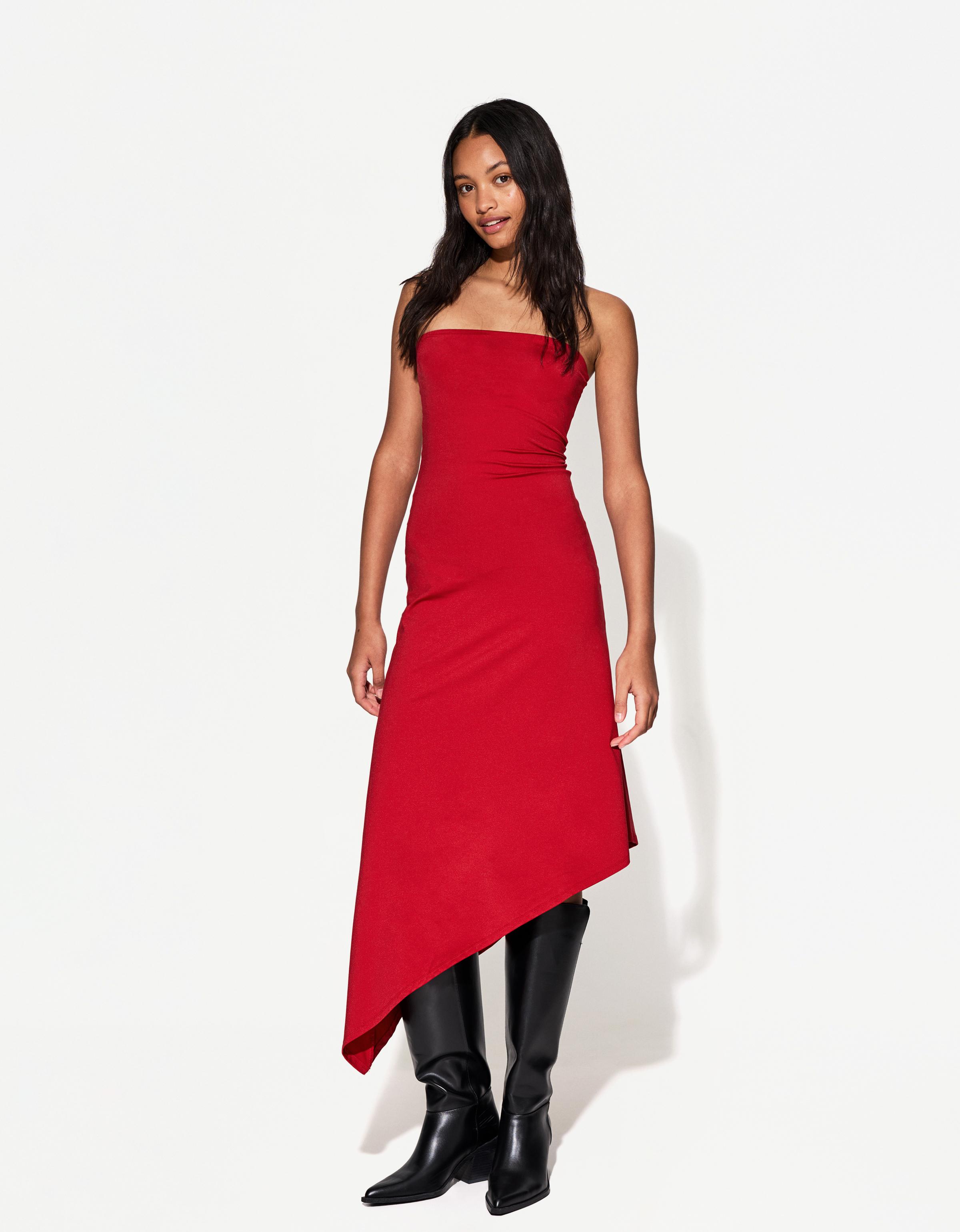 Bershka Asymmetrisches Bandeau-Midikleid Damen S Rot