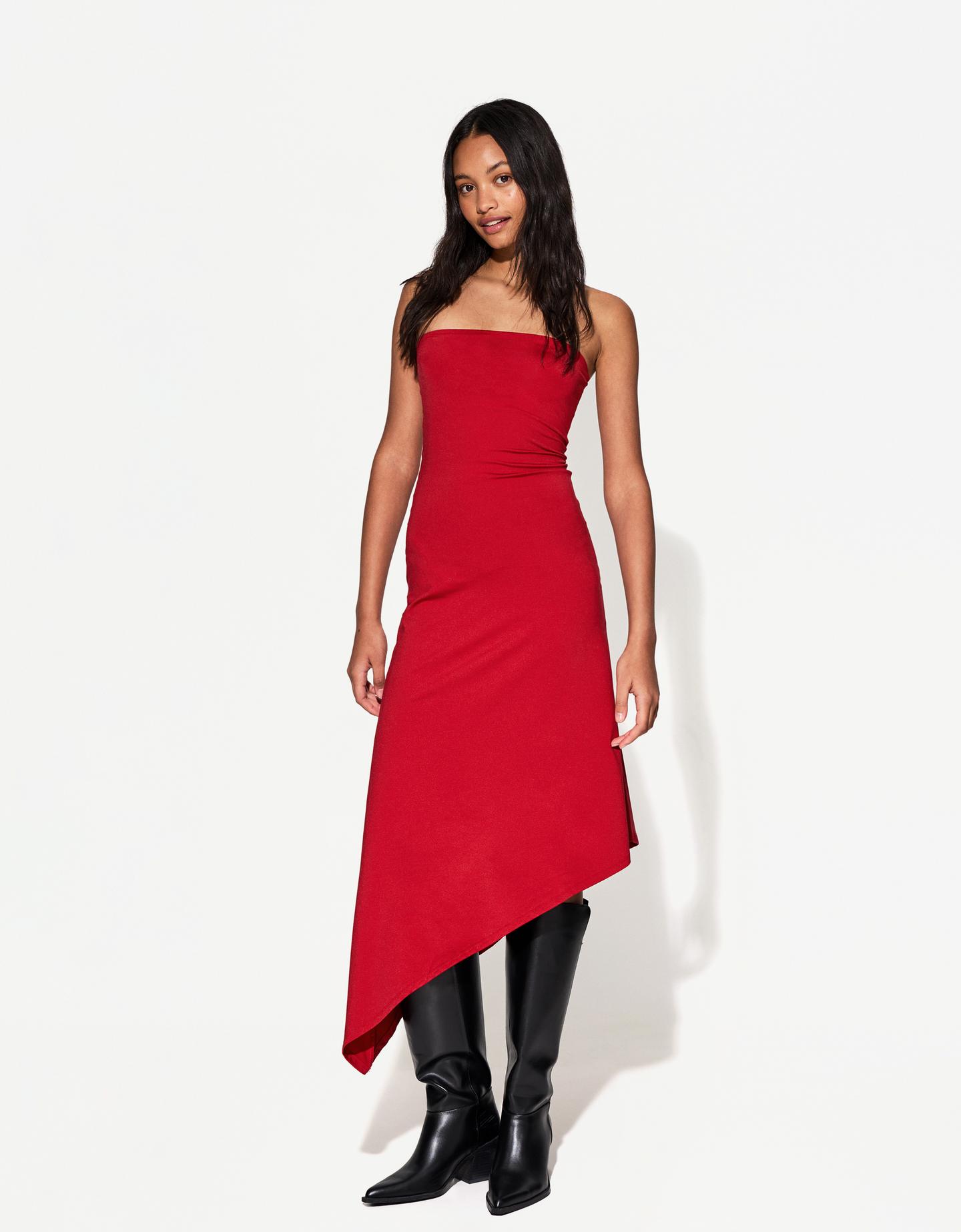 Bershka Asymmetrisches Bandeau-Midikleid Damen Xs Rot günstig online kaufen