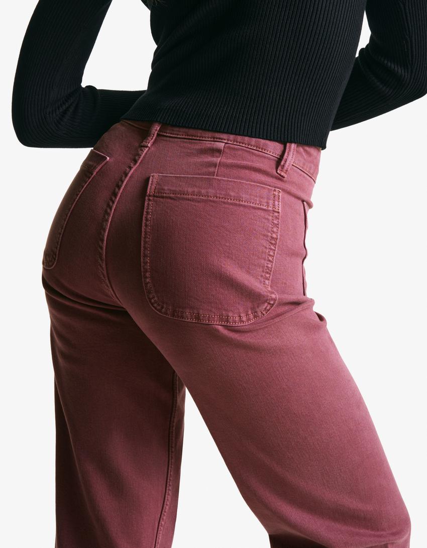 Seamless wide-leg jeans with pockets-Red-2