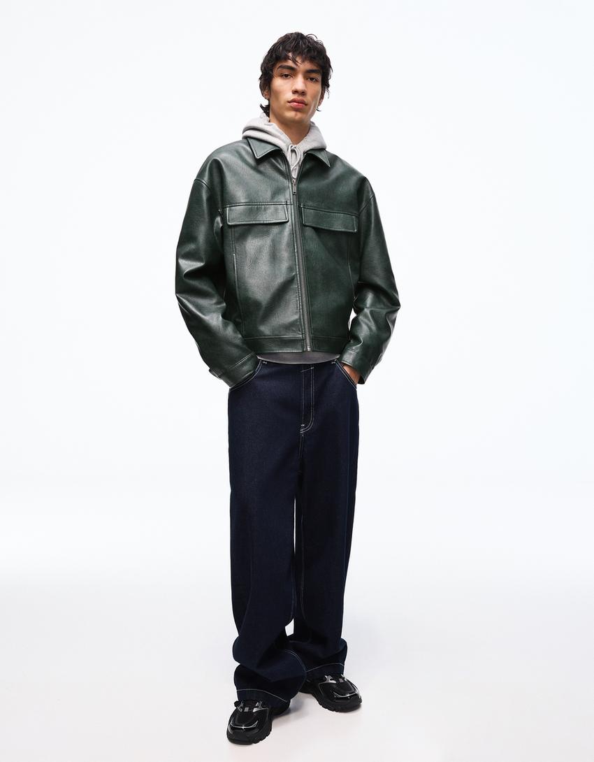 Boxy leather effect jacket-Green