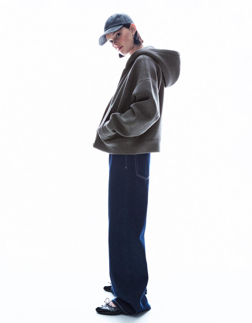 Sweatshirt ritsleting oversize efek karet sintetis-Abu-abu