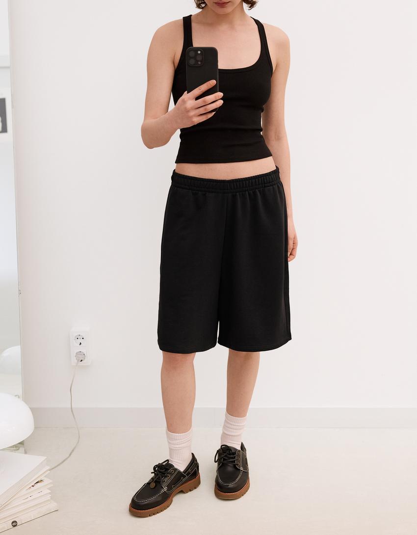 Plush Bermuda shorts with embroidery-Black