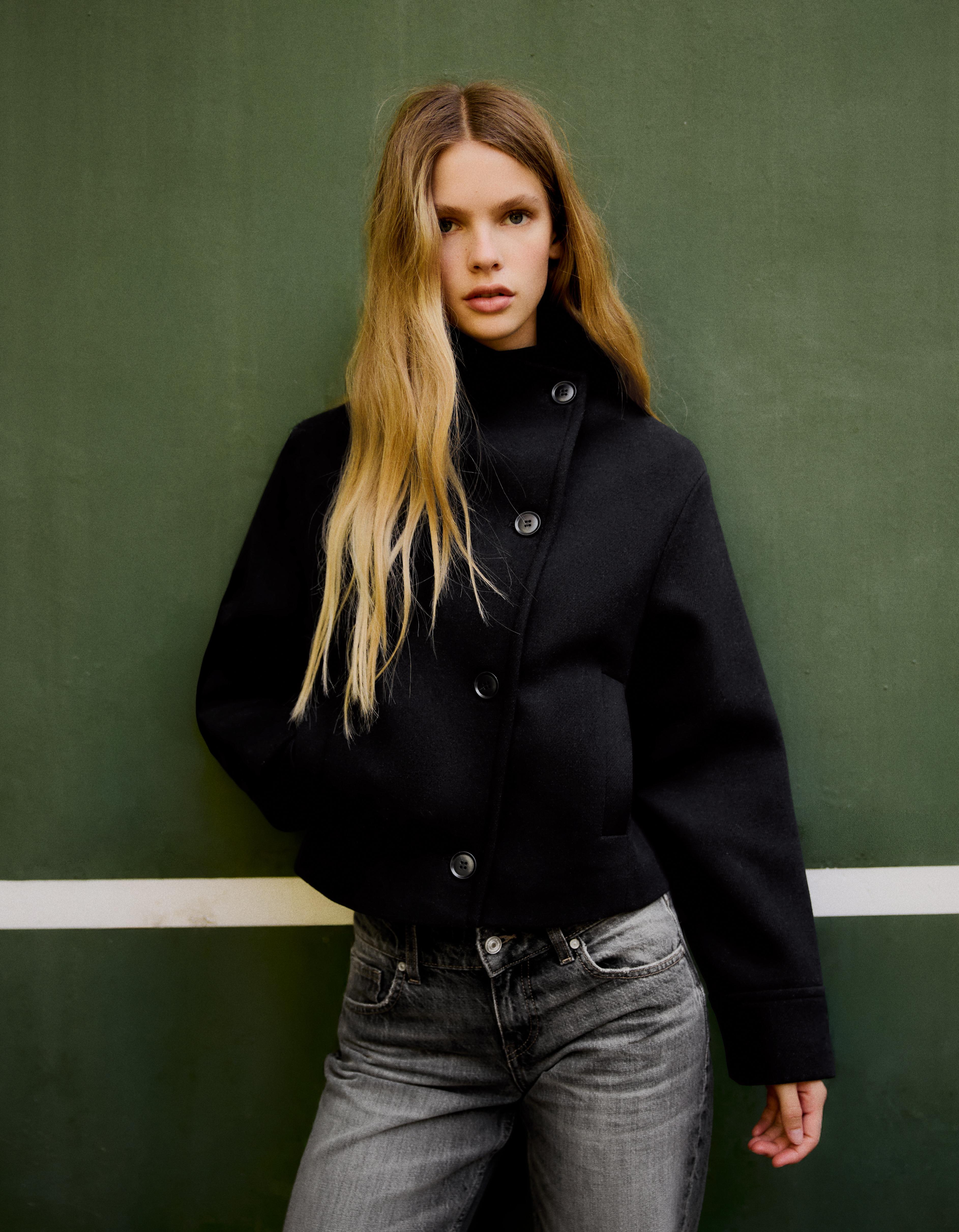 Cropped felt-effect wrap jacket